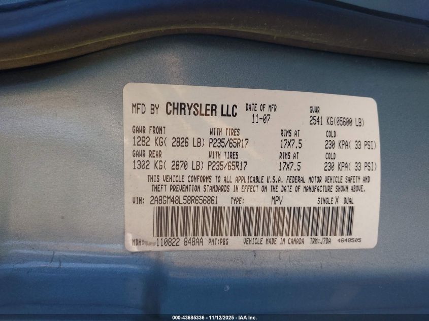 2008 Chrysler Pacifica Lx VIN: 2A8GM48L58R656861 Lot: 43685336