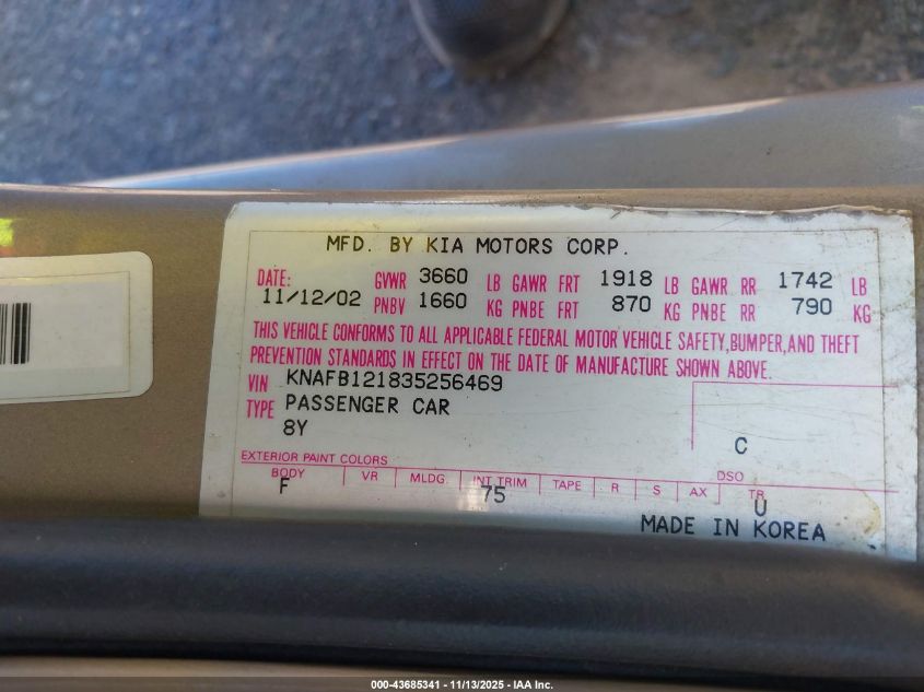 2003 Kia Spectra Ls VIN: KNAFB121835256469 Lot: 43685341