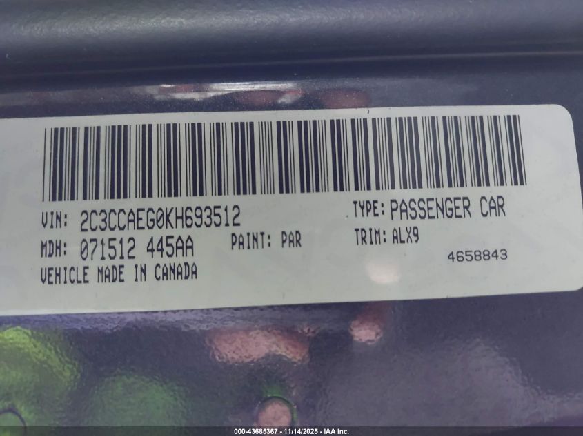 2019 Chrysler 300 Limited VIN: 2C3CCAEG0KH693512 Lot: 43685367