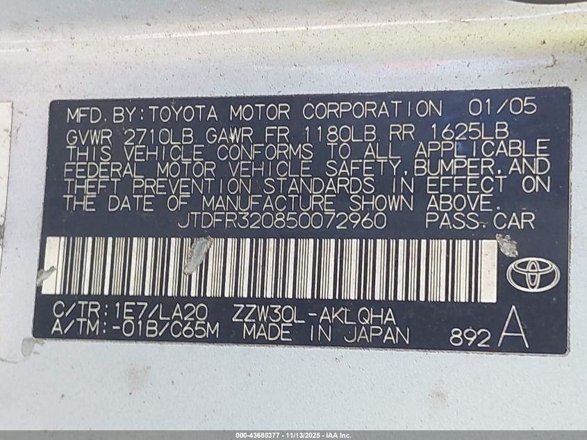 2005 Toyota Mr2 Spyder VIN: JTDFR320850072960 Lot: 43685377