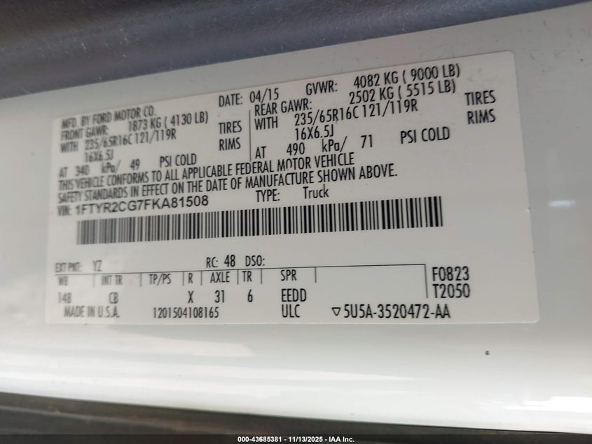 2015 Ford Transit-250 VIN: 1FTYR2CG7FKA81508 Lot: 43685381