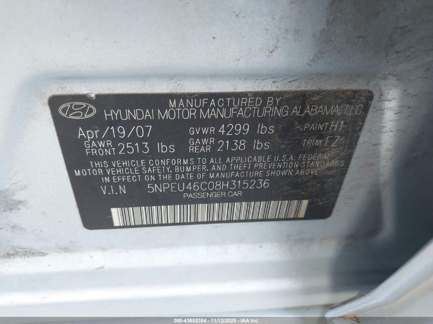 2008 Hyundai Sonata Limited/Se VIN: 5NPEU46C08H315236 Lot: 43685384