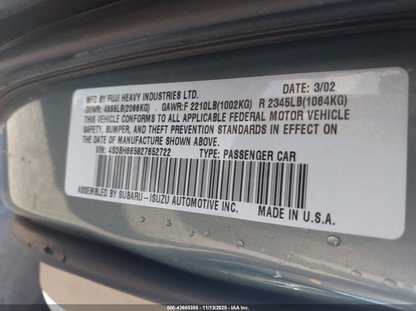 2002 Subaru Outback VIN: 4S3BH665627652722 Lot: 43685385