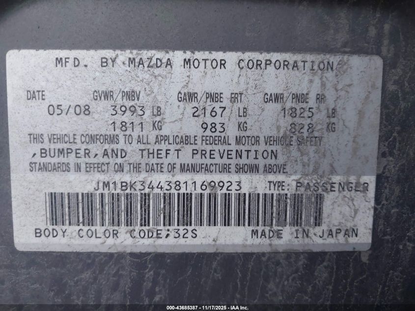 2008 Mazda Mazda3 S Touring VIN: JM1BK344381169923 Lot: 43685387