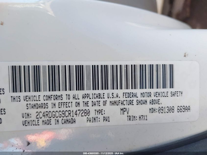 2012 Dodge Grand Caravan Sxt VIN: 2C4RDGCG9CR147280 Lot: 43685389