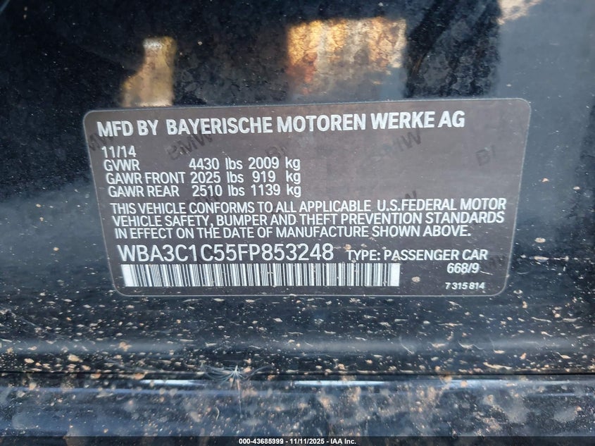 2015 BMW 328I WBA3C1C55FP853248