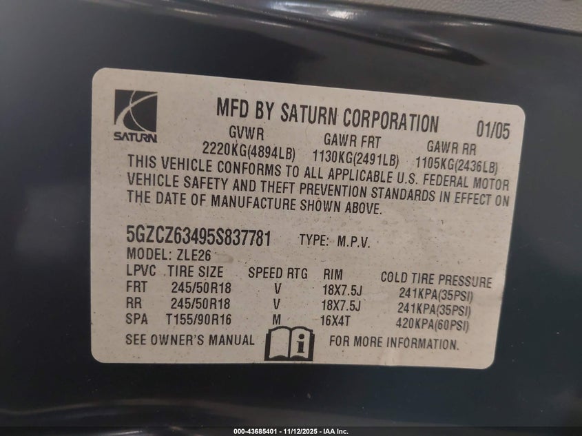 2005 Saturn Vue V6 VIN: 5GZCZ63495S837781 Lot: 43685401