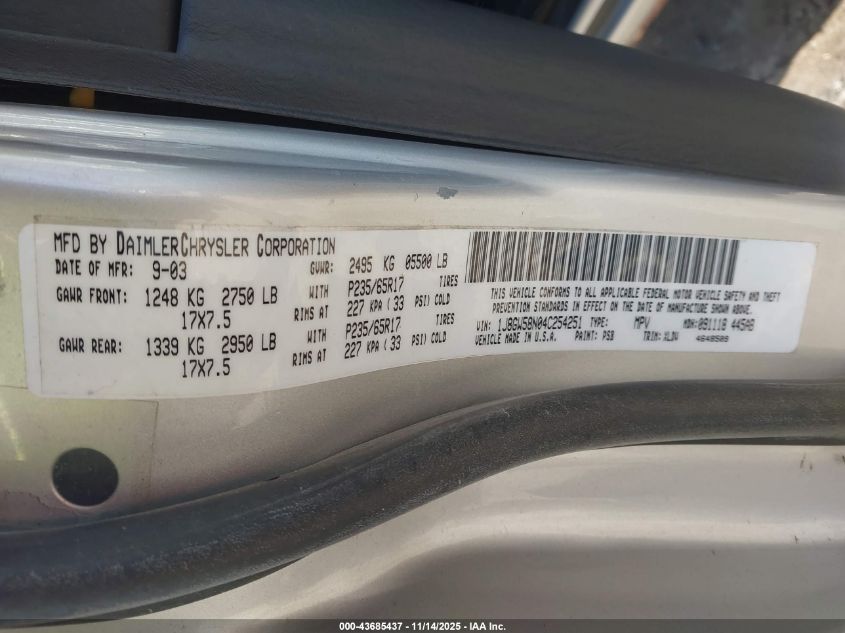 2004 Jeep Grand Cherokee Limited VIN: 1J8GW58N04C254251 Lot: 43685437