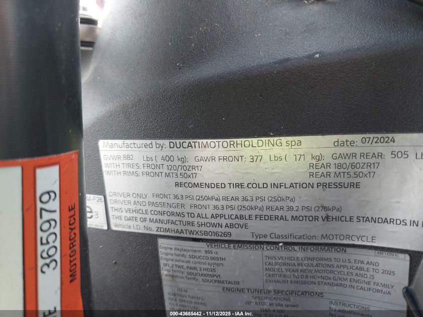2025 Ducati Panigale V2 VIN: ZDMHAATWXSB016269 Lot: 43685442