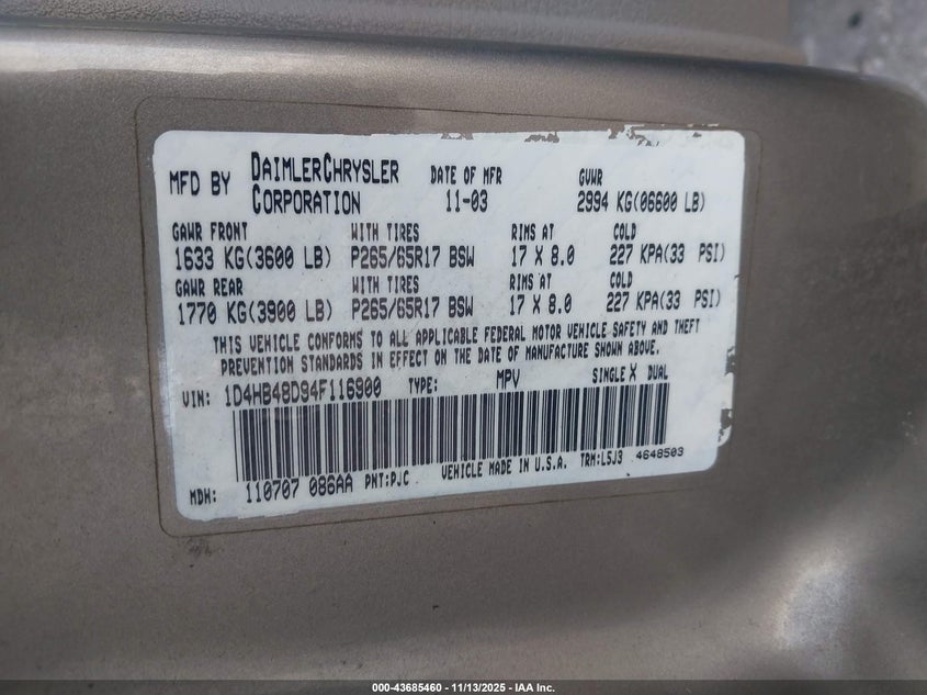 2004 Dodge Durango Slt VIN: 1D4HB48D94F116900 Lot: 43685460