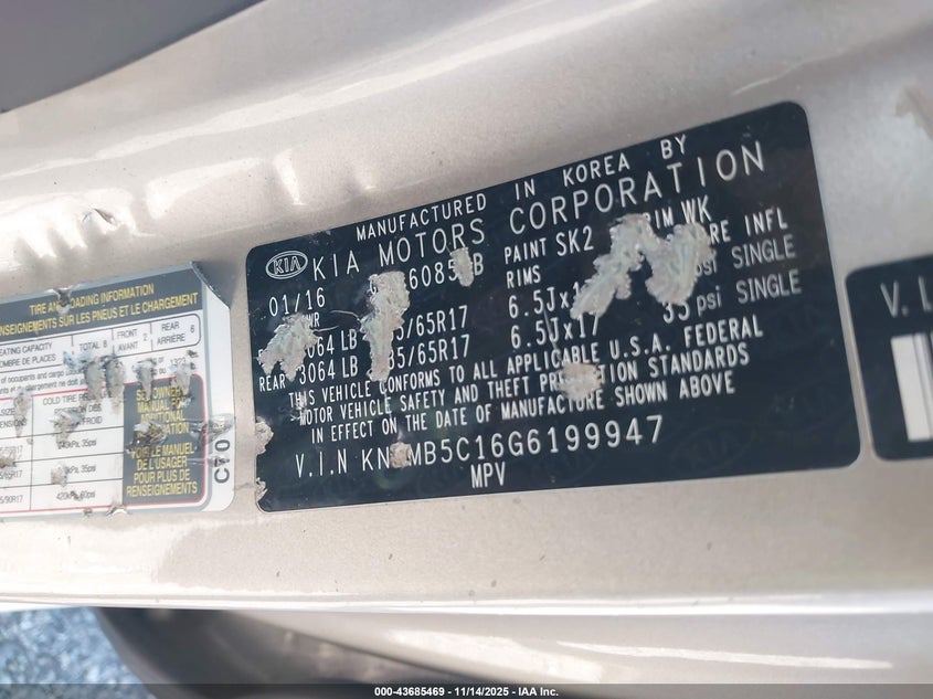 2016 Kia Sedona Lx VIN: KNDMB5C16G6199947 Lot: 43685469