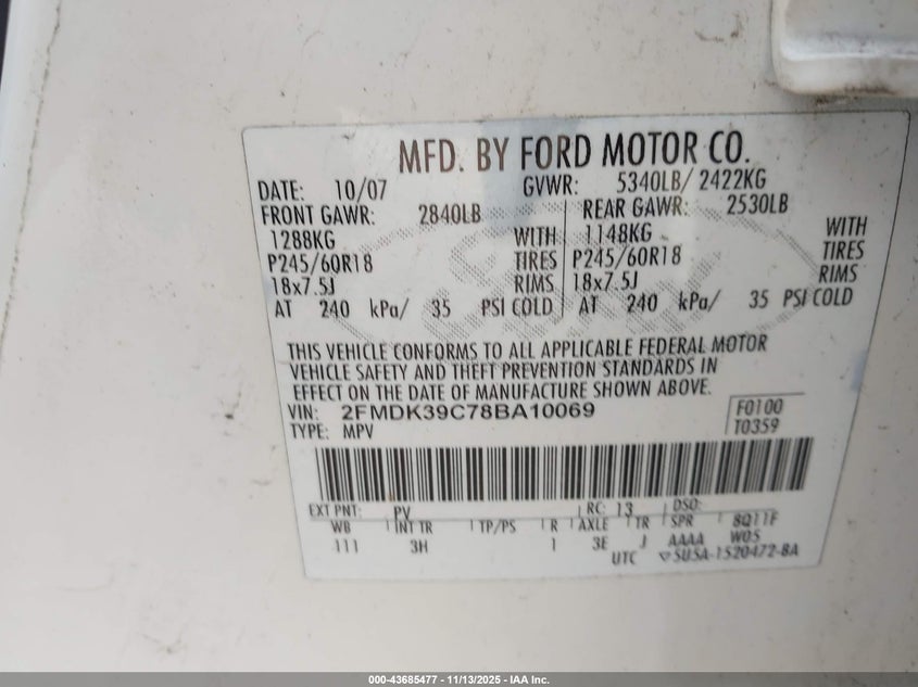 2008 Ford Edge Limited VIN: 2FMDK39C78BA10069 Lot: 43685477