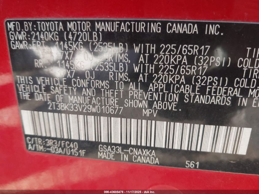 2009 Toyota Rav4 Base V6 VIN: 2T3BK33V29W010677 Lot: 43685478