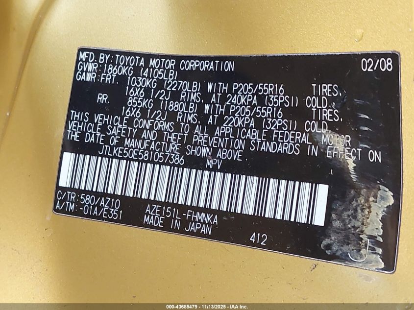 2008 Scion Xb VIN: JTLKE50E581057386 Lot: 43685479