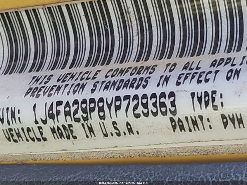 2000 Jeep Wrangler Se VIN: 1J4FA29P8YP729363 Lot: 43685505