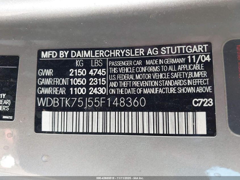 2005 Mercedes-Benz Clk 500 VIN: WDBTK75J55F148360 Lot: 43685518