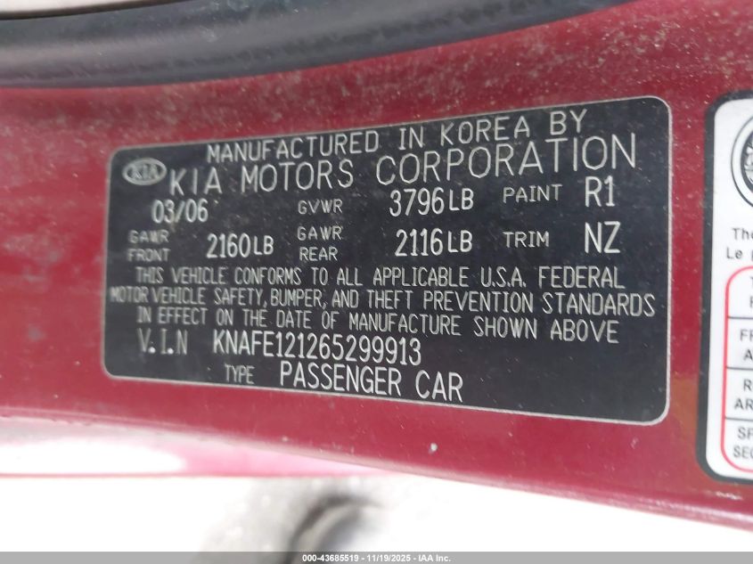 2006 Kia Spectra Ex/Lx/Sx VIN: KNAFE121265299913 Lot: 43685519