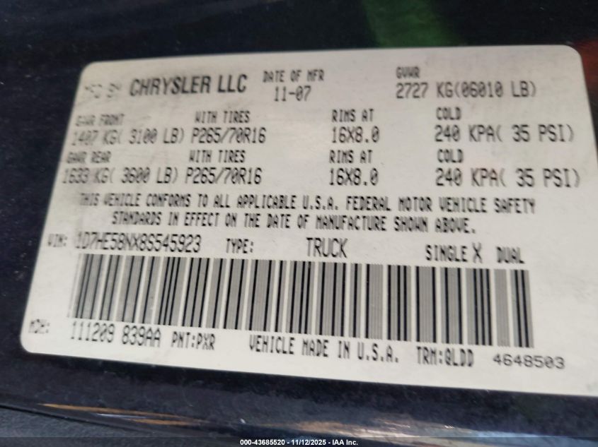 2008 Dodge Dakota Laramie VIN: 1D7HE58NX8S545923 Lot: 43685520