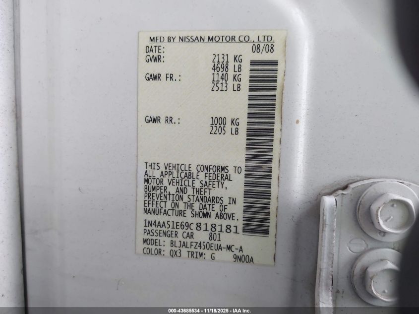 2009 Nissan Maxima 3.5 Sv VIN: 1N4AA51E69C818181 Lot: 43685534