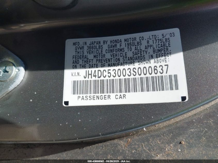 2003 Acura Rsx Type S VIN: JH4DC53003S000637 Lot: 43685542