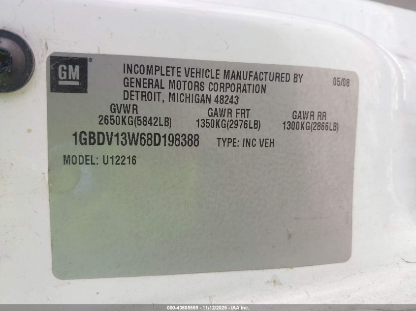 2008 Chevrolet Uplander Cargo VIN: 1GBDV13W68D198388 Lot: 43685559