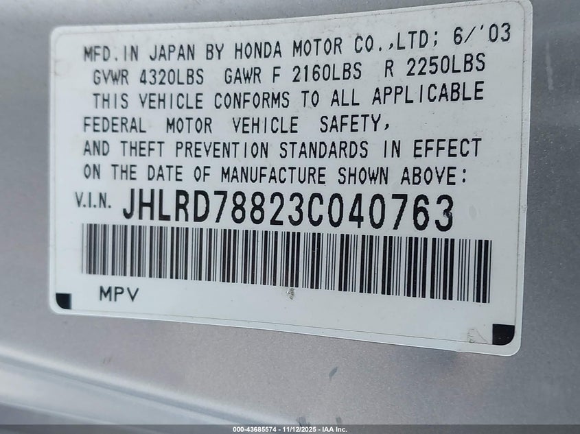 JHLRD78823C040763 2003 HONDA CR-V photo no. 9