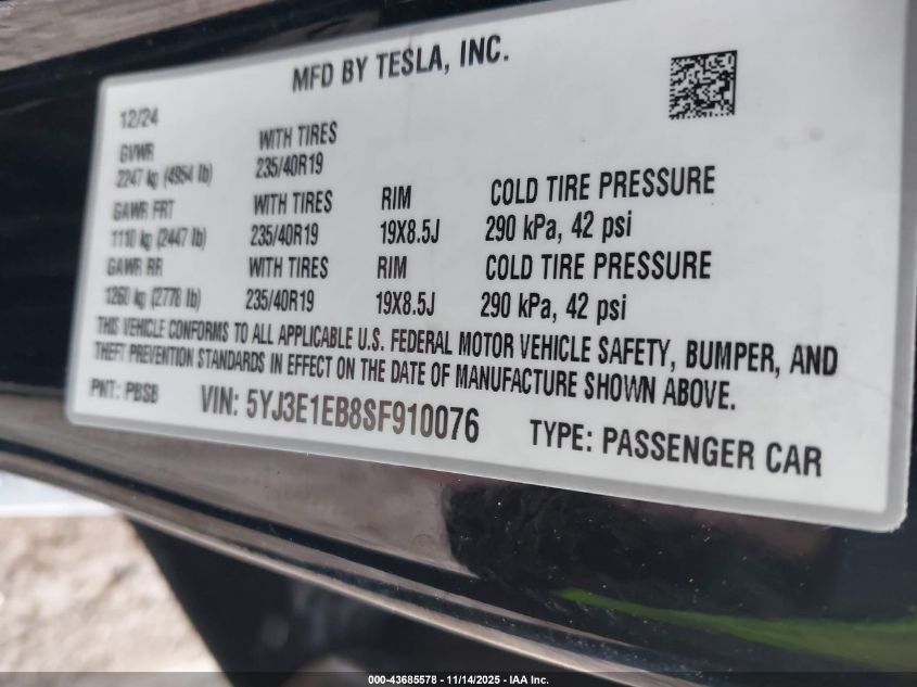 2025 Tesla Model 3 Long Range All-Wheel Drive VIN: 5YJ3E1EB8SF910076 Lot: 43685578