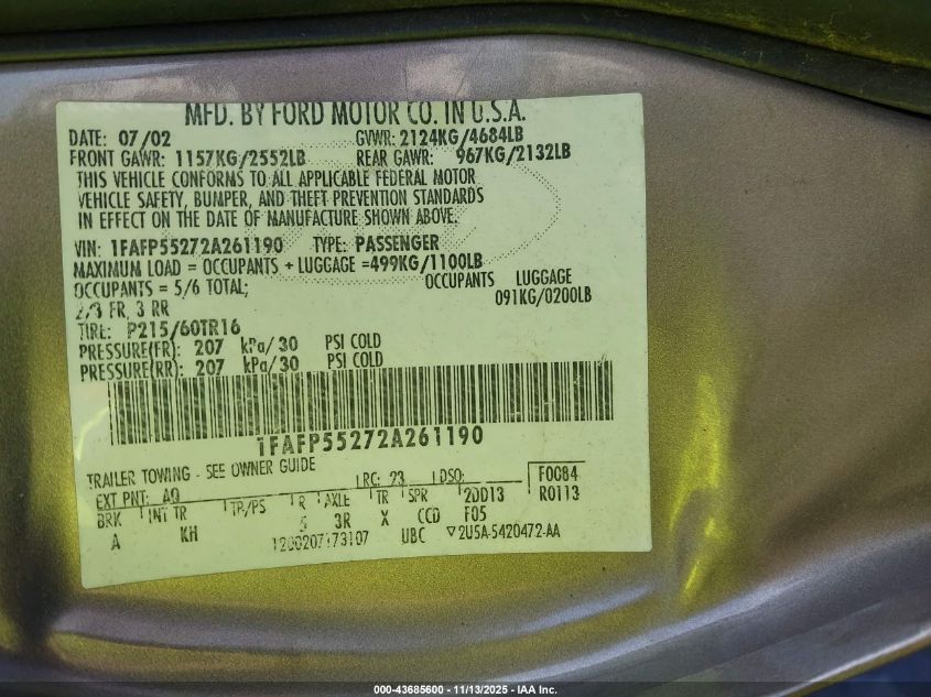 2002 Ford Taurus Ses VIN: 1FAFP55272A261190 Lot: 43685600