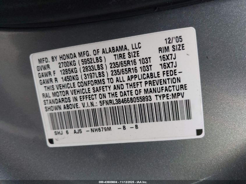 2006 Honda Odyssey Ex VIN: 5FNRL38466B055893 Lot: 43685604