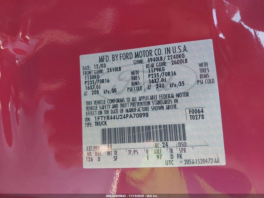 2004 Ford Ranger Edge/Tremor/Xlt VIN: 1FTYR44U24PA70898 Lot: 43685643