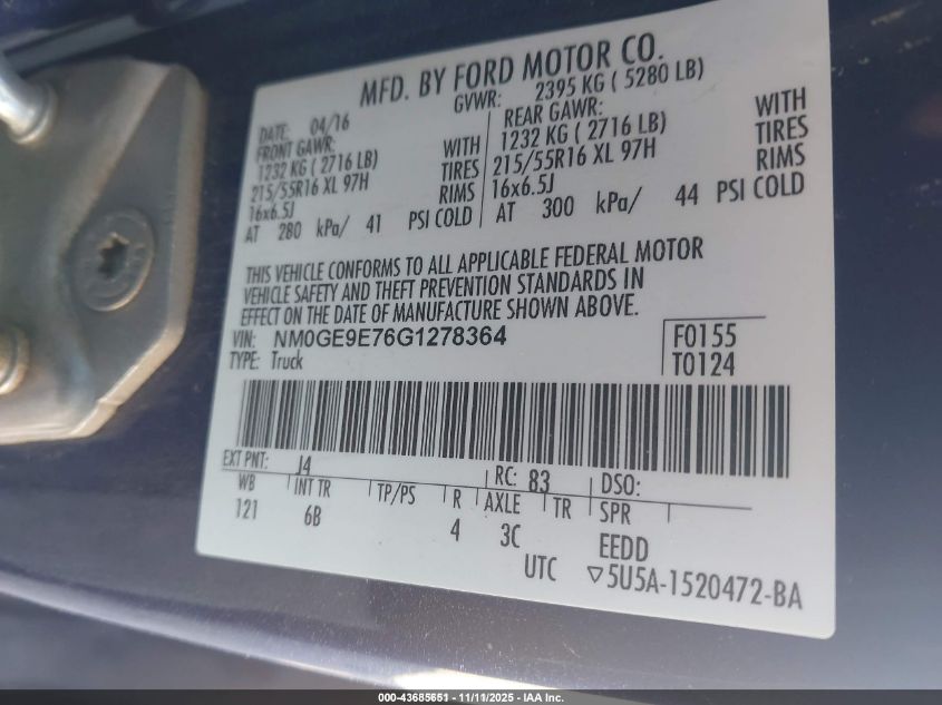 2016 Ford Transit Connect Xl VIN: NM0GE9E76G1278364 Lot: 43685651