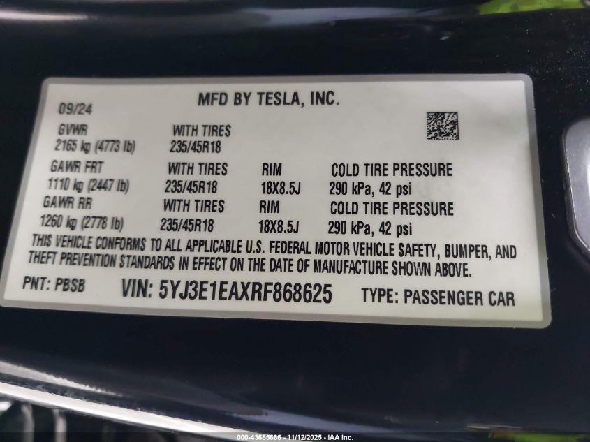 2024 Tesla Model 3 Long Range Dual Motor All-Wheel Drive/Rear-Wheel Drive VIN: 5YJ3E1EAXRF868625 Lot: 43685666