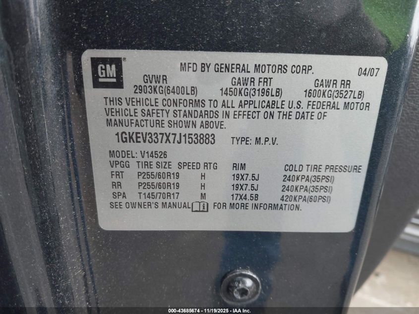 2007 GMC Acadia Slt-1 VIN: 1GKEV337X7J153883 Lot: 43685674