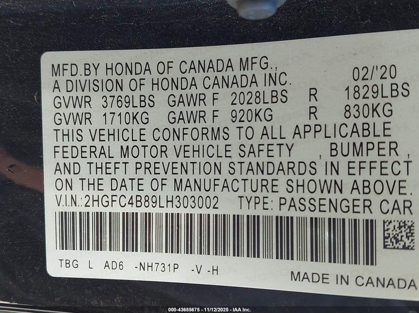 2HGFC4B89LH303002 2020 HONDA CIVIC photo no. 9
