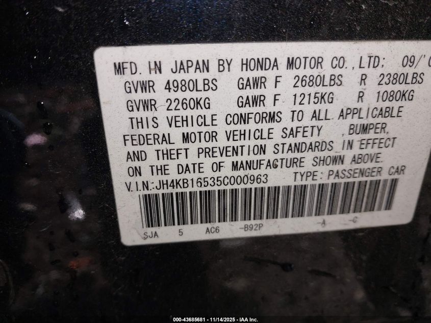 2005 Acura Rl 3.5 VIN: JH4KB16535C000963 Lot: 43685681