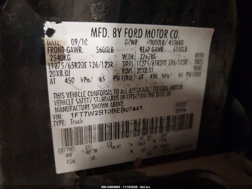 2011 Ford F-250 Lariat VIN: 1FT7W2BT0BEB07443 Lot: 43685685
