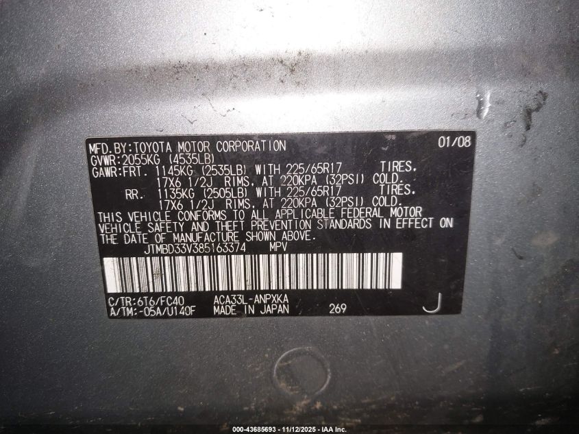 2008 Toyota Rav4 VIN: JTMBD33V385163374 Lot: 43685693