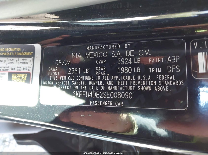 2025 Kia K4 Ex VIN: 3KPFU4DE2SE008090 Lot: 43685702