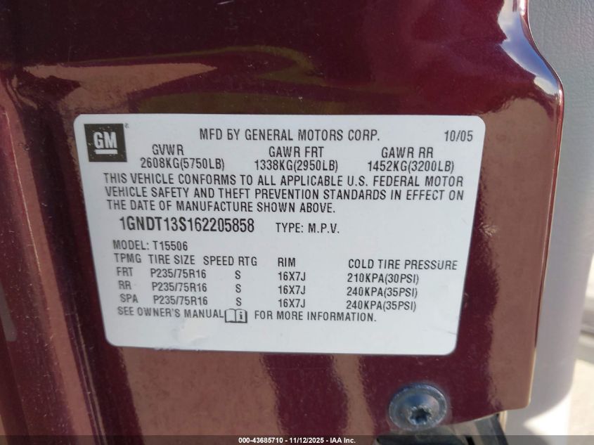 2006 Chevrolet Trailblazer Ls VIN: 1GNDT13S162205858 Lot: 43685710