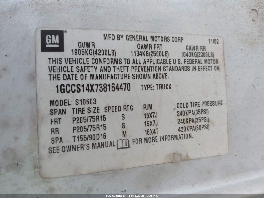 2003 Chevrolet S-10 Ls VIN: 1GCCS14X738164470 Lot: 43685717