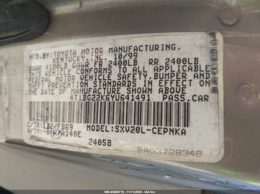 2000 Toyota Camry Le VIN: 4T1BG22K6YU641491 Lot: 43685718