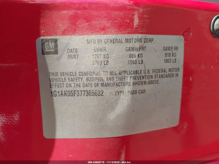 2007 Chevrolet Cobalt Ls VIN: 1G1AK55F377365632 Lot: 43685719