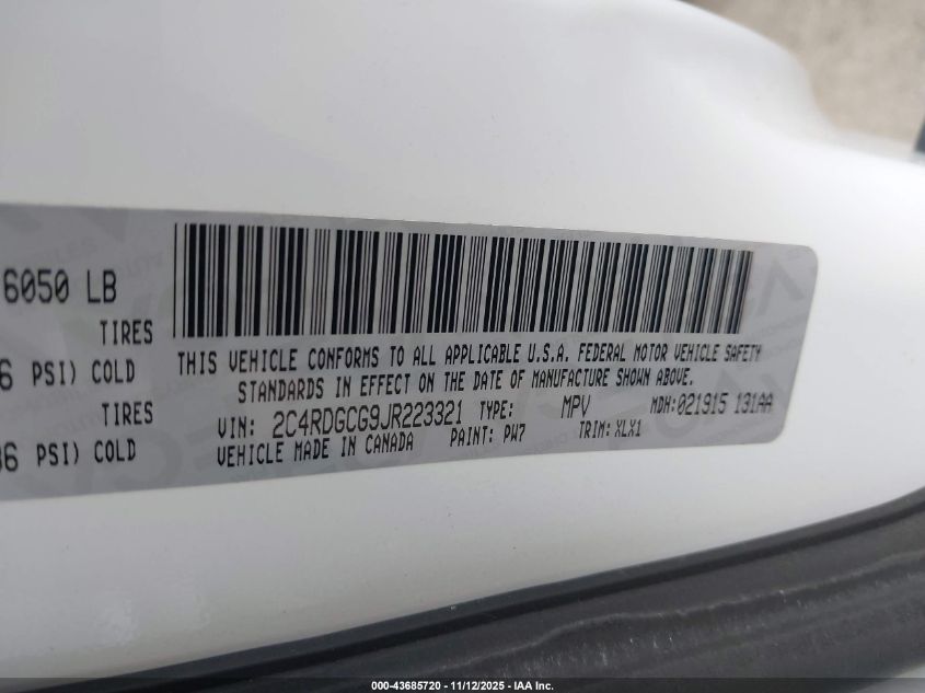 2018 Dodge Grand Caravan Sxt VIN: 2C4RDGCG9JR223321 Lot: 43685720