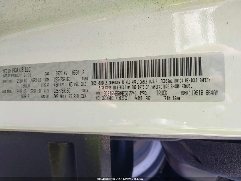 2017 Ram Promaster 1500 High Roof 136 Wb VIN: 3C6TRVBG0HE517741 Lot: 43685736