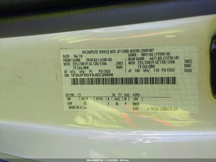 2018 Ford F-550 Chassis Xl VIN: 1FDUF5GY0JEC29500 Lot: 43685749