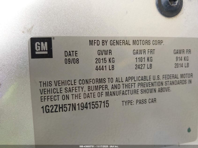 2009 Pontiac G6 Gt VIN: 1G2ZH57N194155715 Lot: 43685751