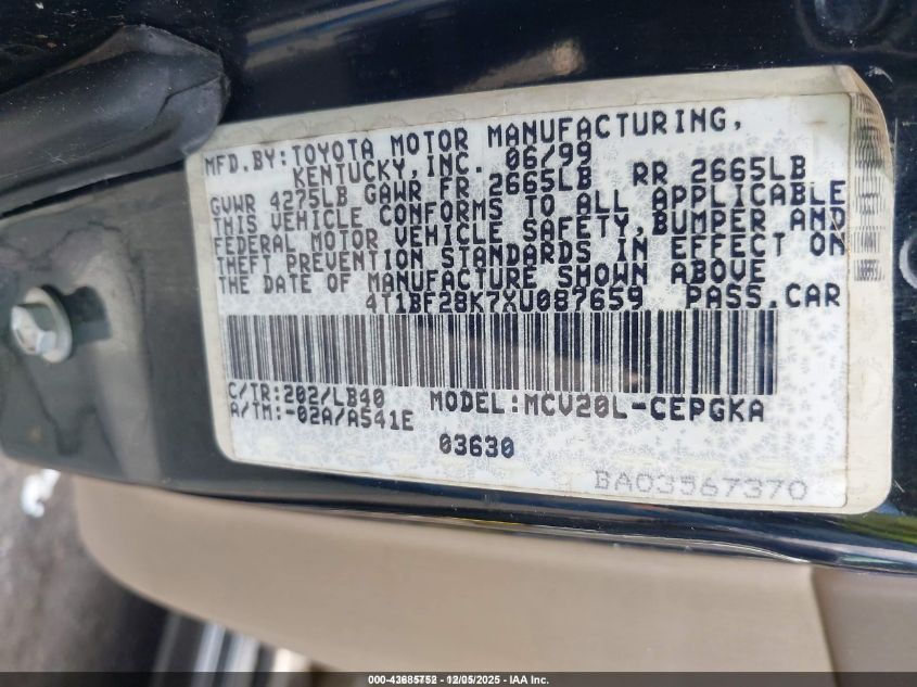 1999 Toyota Camry Xle V6 VIN: 4T1BF28K7XU087659 Lot: 43685752