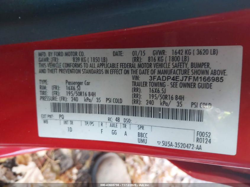 2015 Ford Fiesta Se VIN: 3FADP4EJ7FM166985 Lot: 43685756