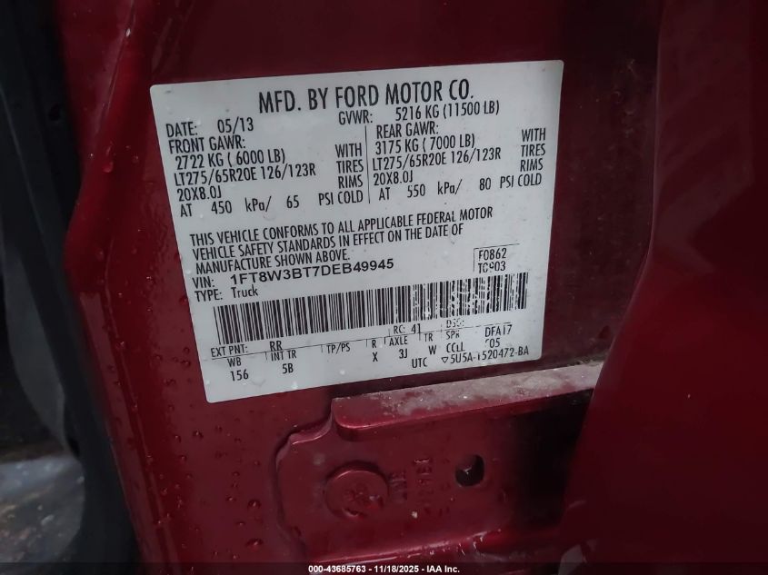 2013 Ford F-350 Lariat VIN: 1FT8W3BT7DEB49945 Lot: 43685763