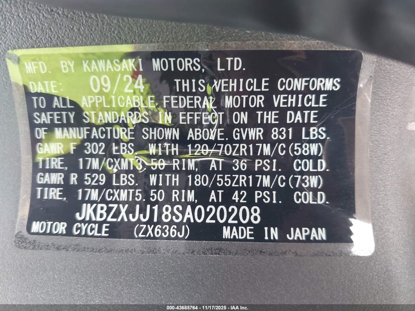 2025 Kawasaki Zx636 K VIN: JKBZXJJ18SA020208 Lot: 43685764